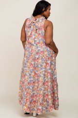 Blue Floral Ruffle Mock Neck Tiered Plus Maxi Dress