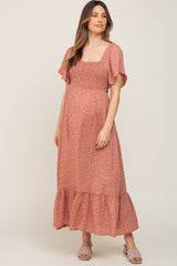 Rust Leaf Smocked Flounce Sleeve Maternity Maxi Dress