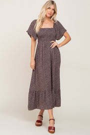 Charcoal Leaf Smocked Flounce Sleeve Maxi Dress