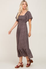 Charcoal Leaf Smocked Flounce Sleeve Maxi Dress