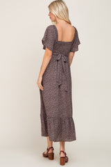 Charcoal Leaf Smocked Flounce Sleeve Maxi Dress