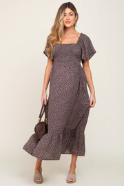 Charcoal Leaf Smocked Flounce Sleeve Maternity Maxi Dress