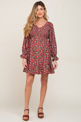 Red Floral Smocked Long Sleeve Maternity Dress