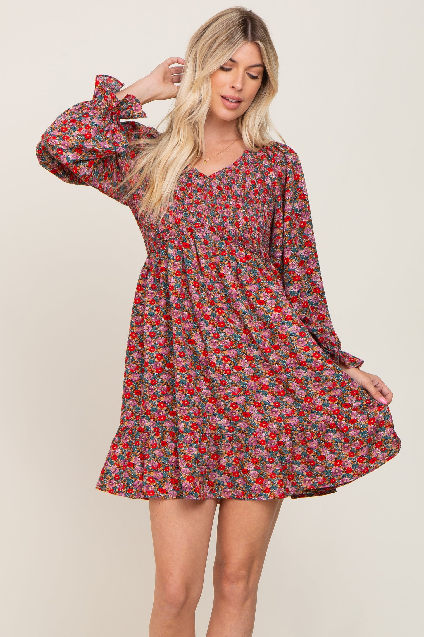 Red Floral Smocked Long Sleeve Dress – PinkBlush