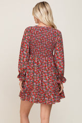 Red Floral Smocked Long Sleeve Dress