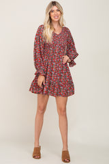 Red Floral Smocked Long Sleeve Dress