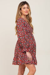 Red Floral Smocked Long Sleeve Maternity Dress