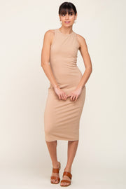 Beige Fitted Racerback Midi Dress