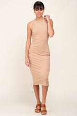 Beige Fitted Racerback Midi Dress