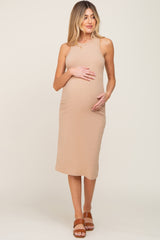 Beige Fitted Racerback Maternity Midi Dress