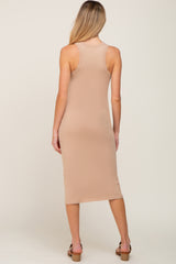 Beige Fitted Racerback Maternity Midi Dress