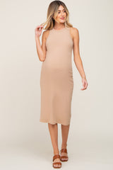 Beige Fitted Racerback Maternity Midi Dress