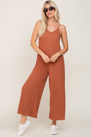 Rust Rib Knit Wide Leg Jumpsuit