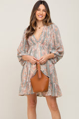 Mauve Printed Smocked Balloon Sleeve Maternity Dress