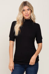 Black Ribbed Mock Neck Ruched Maternity Top