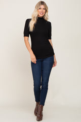 Black Ribbed Mock Neck Ruched Top