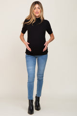 Black Ribbed Mock Neck Ruched Maternity Top