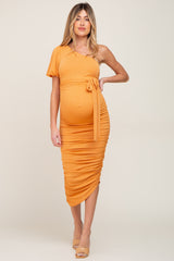 Orange Textured One Shoulder Ruched Maternity Dress