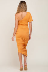 Orange Textured One Shoulder Ruched Maternity Dress