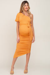 Orange Textured One Shoulder Ruched Maternity Dress