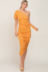 Orange Textured One Shoulder Ruched Maternity Dress