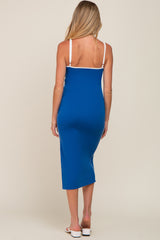 Royal Blue Color Blocked Side Slit Maternity Midi Dress