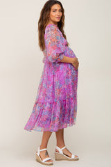 Pink Floral Shimmer Chiffon Maternity Midi Dress