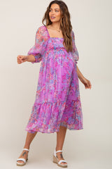 Pink Floral Shimmer Chiffon Maternity Midi Dress