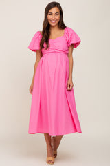 Pink Sweetheart Neck Puff Sleeve Linen Maternity Midi Dress