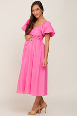 Pink Sweetheart Neck Puff Sleeve Linen Maternity Midi Dress