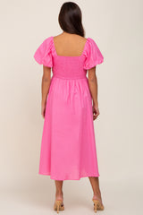 Pink Sweetheart Neck Puff Sleeve Linen Maternity Midi Dress