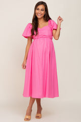 Pink Sweetheart Neck Puff Sleeve Linen Maternity Midi Dress