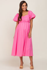 Pink Sweetheart Neck Puff Sleeve Linen Maternity Midi Dress