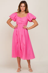 Pink Sweetheart Neck Puff Sleeve Linen Maternity Midi Dress