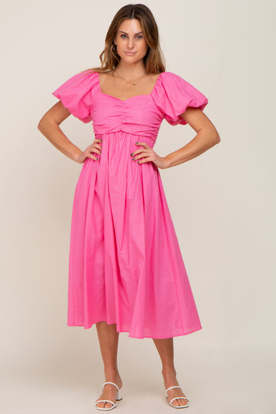 Pink Sweetheart Neck Puff Sleeve Linen Midi Dress– PinkBlush