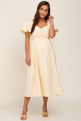 Yellow Sweetheart Neck Puff Sleeve Linen Maternity Midi Dress