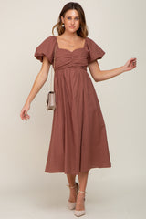 Mocha Sweetheart Neck Puff Sleeve Linen Midi Dress