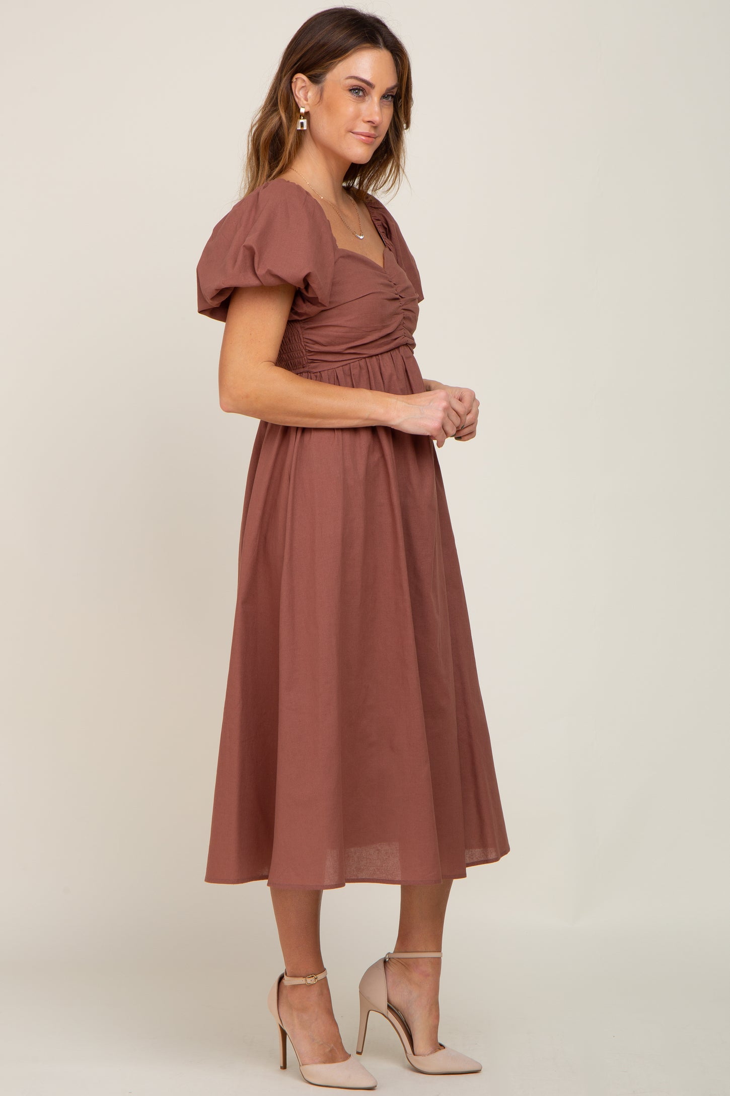 Puff Sleeve Sweetheart Neck Midi Dress