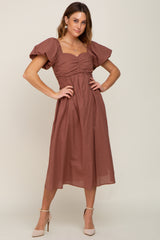 Mocha Sweetheart Neck Puff Sleeve Linen Midi Dress