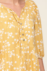 Yellow Floral Button Front Tiered Midi Dress