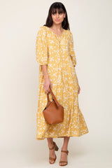 Yellow Floral Button Front Tiered Midi Dress