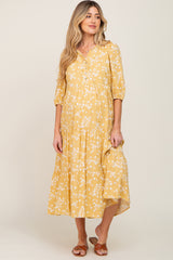 Yellow Floral Button Front Tiered Maternity Midi Dress