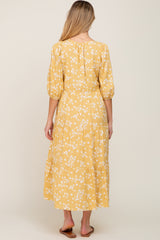 Yellow Floral Button Front Tiered Maternity Midi Dress