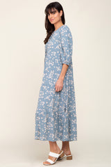 Light Blue Floral Button Front Tiered Midi Dress