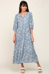 Light Blue Floral Button Front Tiered Midi Dress