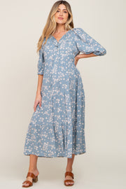 Light Blue Floral Button Front Tiered Maternity Midi Dress