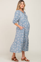 Light Blue Floral Button Front Tiered Maternity Midi Dress