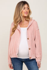 Light Pink Corduroy Button Up Hooded Maternity Jacket