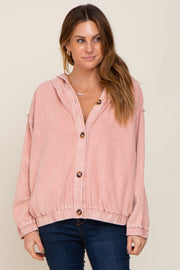 Light Pink Corduroy Button Up Hooded Jacket