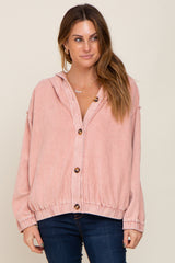 Light Pink Corduroy Button Up Hooded Maternity Jacket